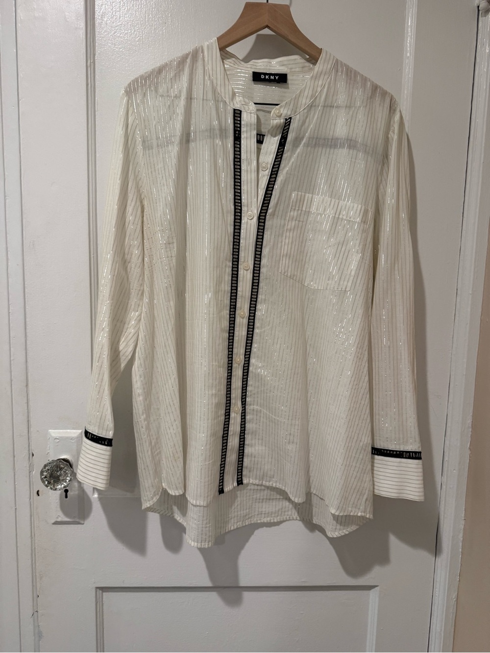 DKNY Ivory Metallic Stripe Button-Up Blouse GUC Size 14 Sheer Black Embroidered